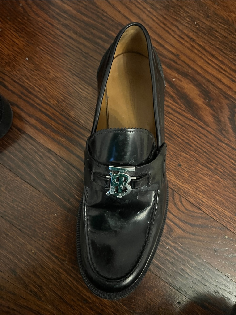 Burberry Black Leather Loafers with Silver TB Logo - Picture 8 of 11